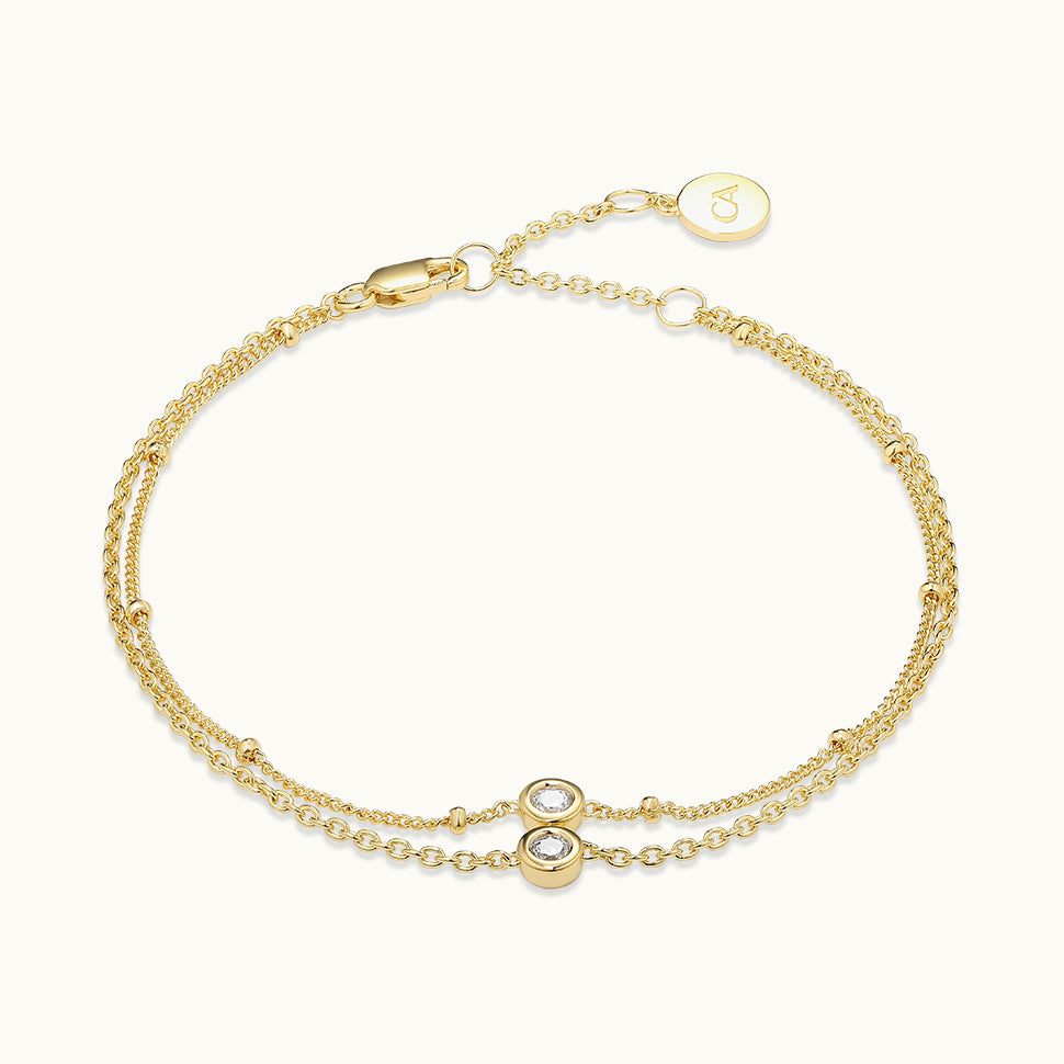 Bezel Set Double Chain Bracelet, Double Chain Bracelet, Double Link Chain Bracelet, Gold Double Chain Bracelet