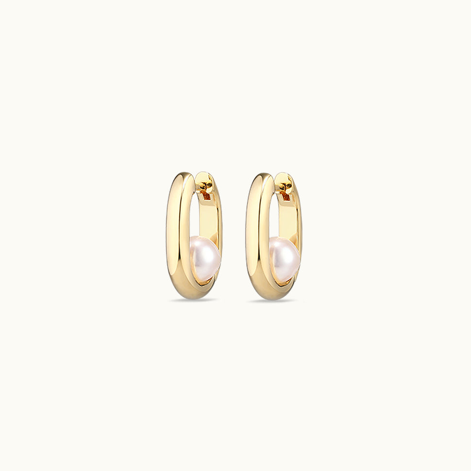 Oval Pearl Huggie Hoop Earring